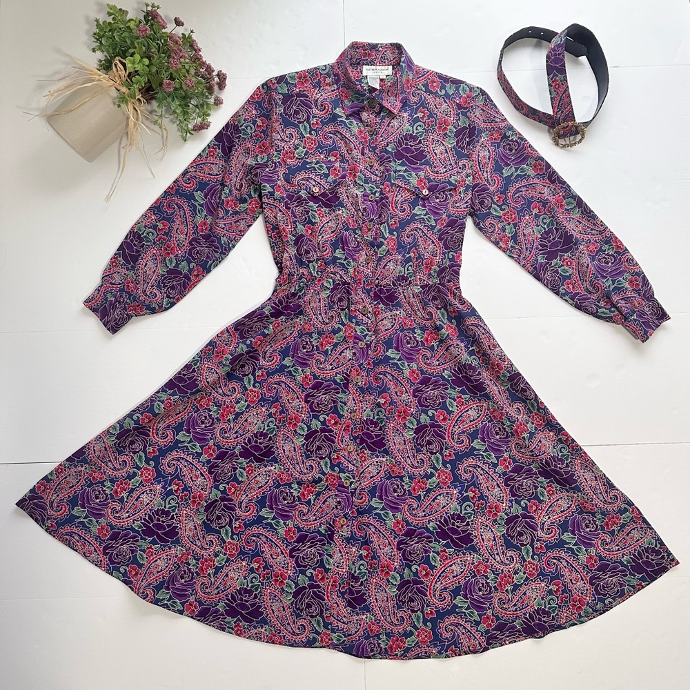 Vintage SCHRADER Purple Multicolor Paisley Print Long Sleeves Belted Shirtdress